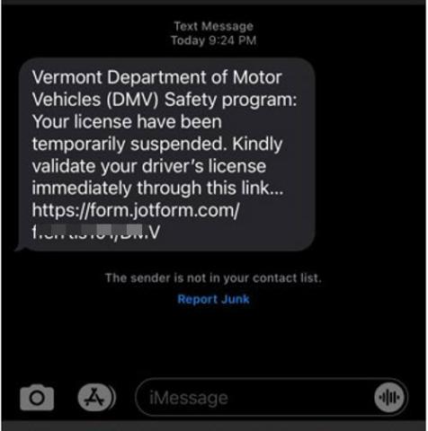 sample of a scam text message