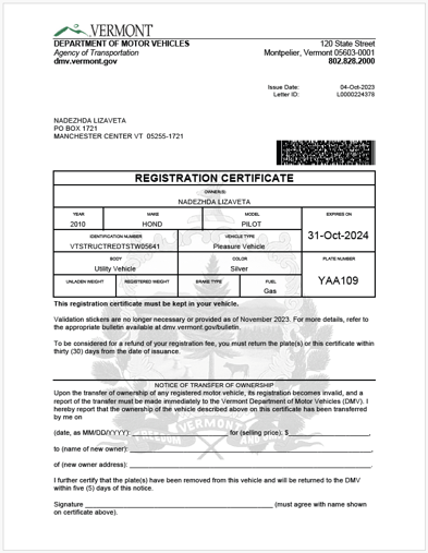 Standard and Temporary Registration Certificate as issued by the VT DMV directly to customers