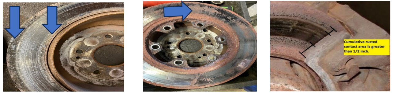 Here are examples of swelling, delamination, pitting and of a ½ inch of cumulative rust which would constitute a rejection.