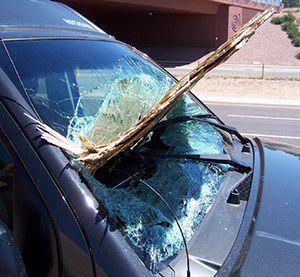 car windshield destroyed by flying debris