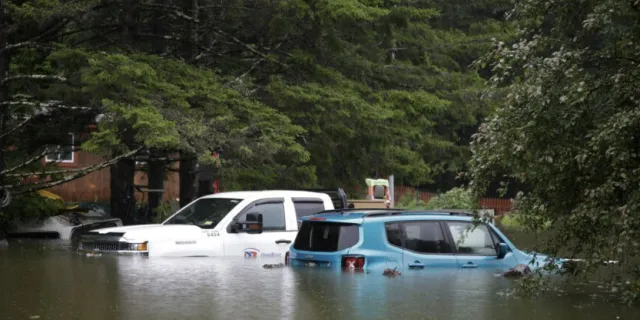 cars in a flooded parking lot